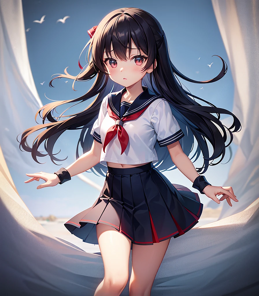 (Sailor suit),Big red ribbon,(((Navy Mini Skirt)))beret,,Cute little ,Tiny Lori,Small girl,,Childish face, Very fine clean face,Top quality, Big eyes,Straight Hair,Yellow hair,Crimson Eye,(Dark Room), Subtle light, Natural light,Soft lighting,Light from directly behind, (Are standing), Cute pose, (Open your hands), Showing the whole body,Front view,Black background
