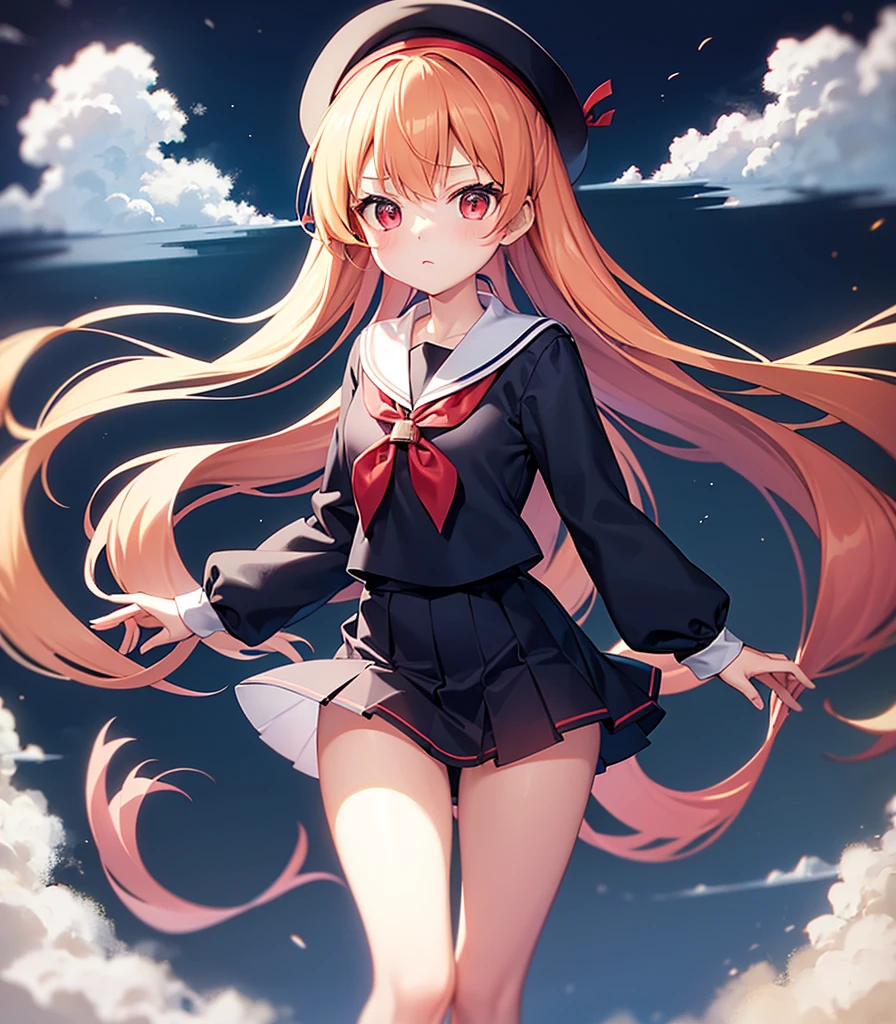(Sailor suit),Big red ribbon,(((Navy Mini Skirt)))beret,,Cute little loli,Tiny Lori,Small girl,,Childish face, Very fine clean face,Top quality, Big eyes,Straight Hair,Yellow hair,Crimson Eye,(Dark Room), Subtle light, Natural light,Soft lighting,Light from directly behind, (Are standing), Cute pose, (Open your hands), Showing the whole body,Front view,Black background