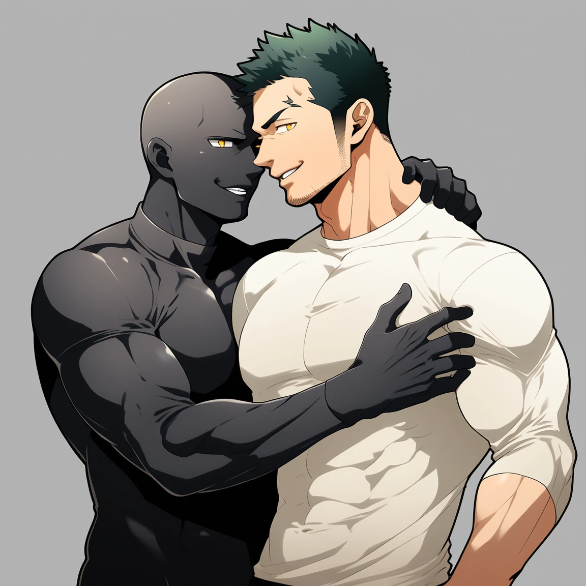anime characters：Two superheroes in tights, Priapus and Muscle skinhead superhero, negro black skin, They hugged and kissed each other, Bite your neck, Caress, Manliness, male focus, Yellow and black high collar long sleeve tight T-shirt, Slightly transparent material, Very tight, Round, full and perky chest muscles, Muscle waist, Slightly transparent, muscular male, muscular, only, Upper body, alone, Black short hair, Thick eyebrows, stubble, Yellow eyes, Grey background, simple background, amazing quality, best aesthetics, Ridiculous, bright pupils, crew cut, parted lips, seductive smile, torogao, naughty face, drop shadow, best quality