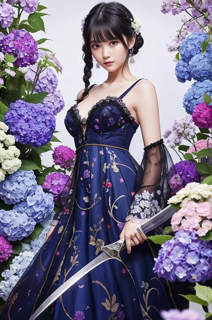 vibrant and colorful illustration,high quality, 8K Ultra HD,Illustrations drawn with colorful, flashy, precise and delicate touches.Fantastic atmosphere. A Beautifu gal Swordsman with black hair and bangs in a black-and-white lace dress is fighting .she is fighting with swords.The costumes are traditional blue-purple hydrangea flower patterns, and the decorations are delicate and meticulous.High definition.backdrop filled with colorful patterns representing ancient symbols and floral motifs. The background is richly detailed with geometric shapes that add depth to their figure's presence.lovely double exposure image by blending together a galaxy and a blue-purple hydrangea flower.
