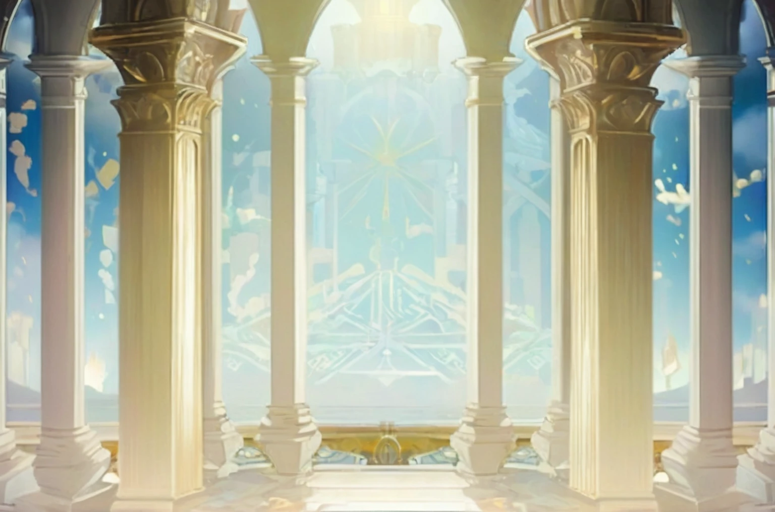 Close up of a large arch with columns and sky background, Palace Background, Kingdom of Light Background, Stunning mysterious background, Cathedral Background, interior background technology, background technology, The Golden Throne Room, Temple Background, Arena Background, Random background scenes, ballroom background, Arena Background, anime background technology, odin's stone Arena Background, exquisitely designed The Golden Throne Room