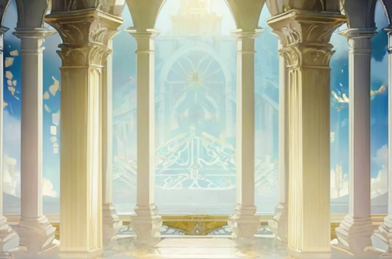 Close up of a large arch with columns and sky background, Palace Background, Kingdom of Light Background, Stunning mysterious background, Cathedral Background, interior background technology, background technology, The Golden Throne Room, Temple Background, Arena Background, Random background scenes, ballroom background, Arena Background, anime background technology, odin's stone Arena Background, exquisitely designed The Golden Throne Room