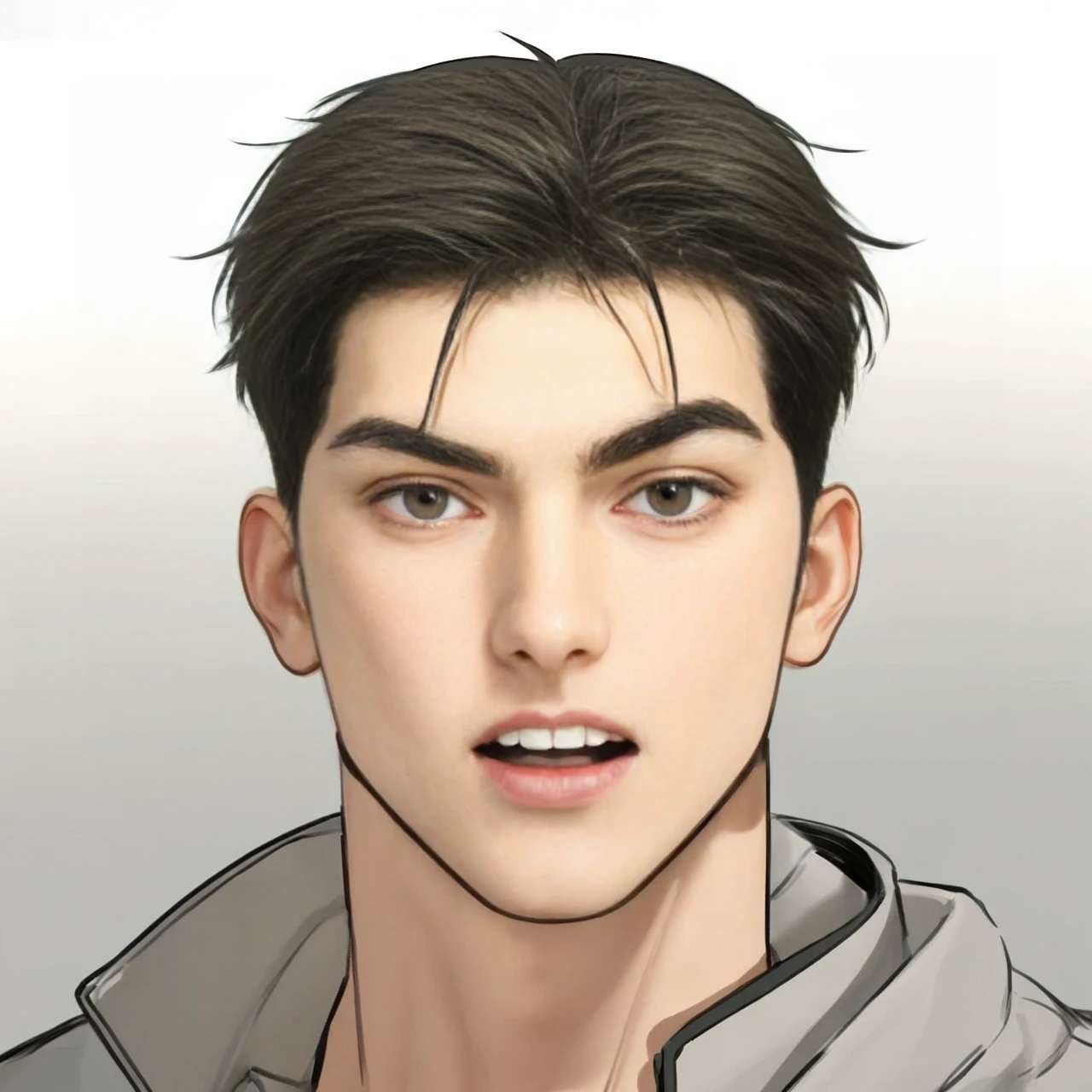 masterpiece, 1boy, adult, handsome, black hair, undercut hair, perfect face, detailed eyes and face, black eyes, clean shaved, muscular, capturing a rural atmosphere, dynamic lighting, unreal engine 5, jacket, angry