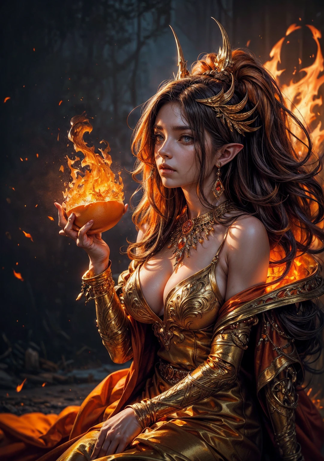 It is (realistic fantasy) el arte withtiene brasas, real flames, real heat, and realistic fire. Generate a masterpiece artwork of a female fire druid with large (((orange and gold))) eyes. The fire druid is awe-inspiring with beautiful ((Realistic burning eyes)) alight with withfidence and power. His features are elegant and well defined.., with ((Soft and swollen lips)), elven bone structure, and realistic shading. ((Extremely realistic details, Macro details, and shine.)) She wears a billowing, shimmering dress made of realistic flames and jewels that sparkle in the firelight... Wisps of fire and smoke border the dress's intricate bodice.. Include bumps, stones, burning iridescence, glowing embers, silk & satin & leather, an interesting background, and heavy fantasy elements. camera: Use dynamic compositing techniques to enhance realistic flames., long blond hair
