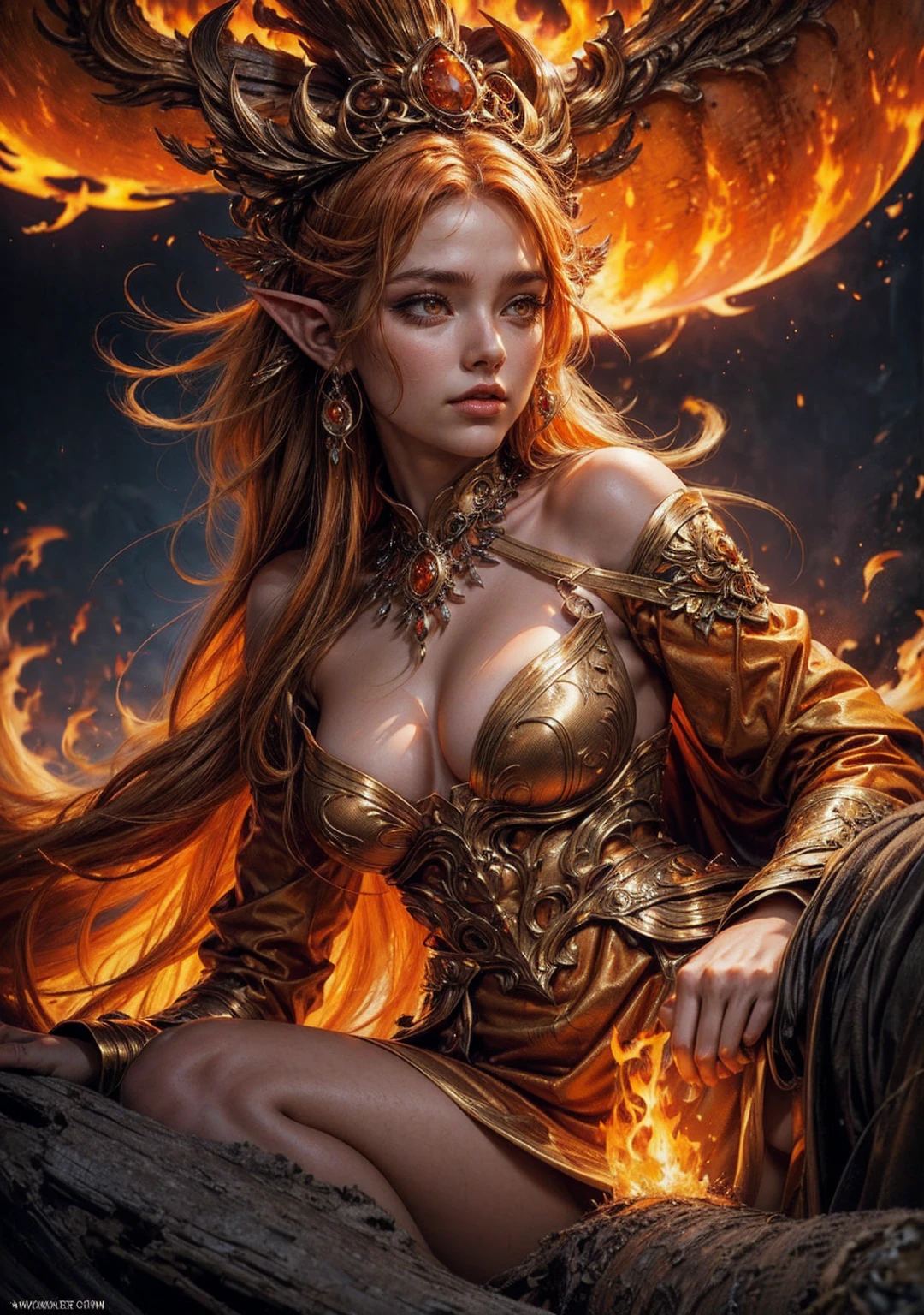 It is (realistic fantasy) el arte withtiene brasas, real flames, real heat, and realistic fire. Generate a masterpiece artwork of a female fire druid with large (((orange and gold))) eyes. The fire druid is awe-inspiring with beautiful ((Realistic burning eyes)) alight with withfidence and power. His features are elegant and well defined.., with ((Soft and swollen lips)), elven bone structure, and realistic shading. ((Extremely realistic details, Macro details, and shine.)) She wears a billowing, shimmering dress made of realistic flames and jewels that sparkle in the firelight... Wisps of fire and smoke border the dress's intricate bodice.. Include bumps, stones, burning iridescence, glowing embers, silk & satin & leather, an interesting background, and heavy fantasy elements. camera: Use dynamic compositing techniques to enhance realistic flames., long blond hair