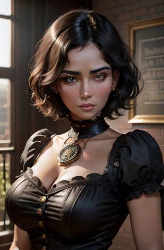 1woman, beautiful 45-year old woman, dark tanned skin, half body photo, Body Length 150 cm, 45 years old, light brown skin older woman, (short black hair), (black eyes), realistic eyes, beautiful and big eyes), Victorian conservative business clothes, Steampunk, Small breasts, (8k wallpaper), (Office wallpaper) 8k, high quilty, realistic, beautiful realistic, Cool details, raw photo, realistic clothing, short hair, black hair, realistic hair, Light and cool lighting, photo realistic, ultra details, professional, symmetrical eyes