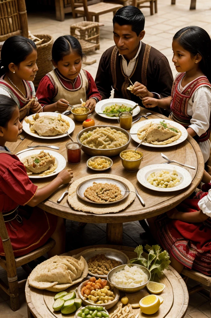A Peruvian family having lunch at a family table all eating ají de gallina in colonial times in Peru