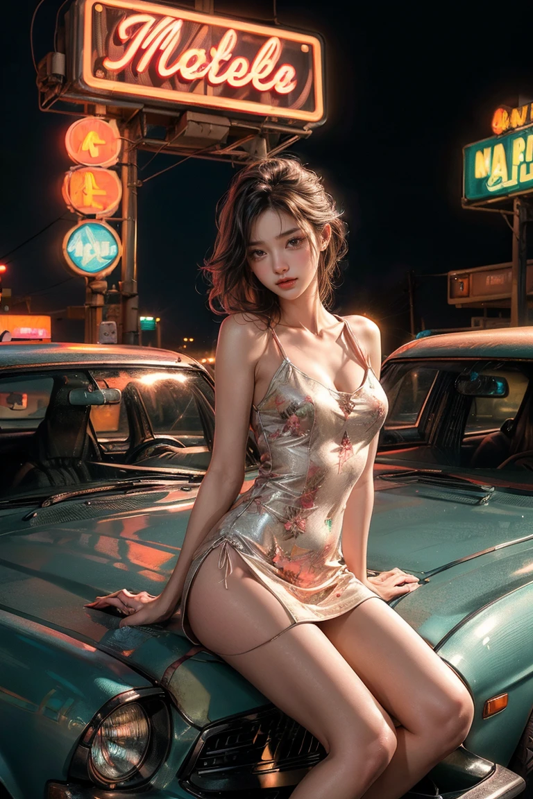 ((masterpiece, best quality, Best image quality, high resolution, realistic, raw photo, 8K)), Araped view of motel with cars parked in front, with neon sign, Woman waiting for guests in front of motel, Temptation, short dress and high heels, route 66, neon sign, 1 9 5 0 Second Americana Tourism, some have neon sign, Neon Lights Outside, neon advertising, gigantic neon sign, neon stores, few neon sign, neon sign in background,