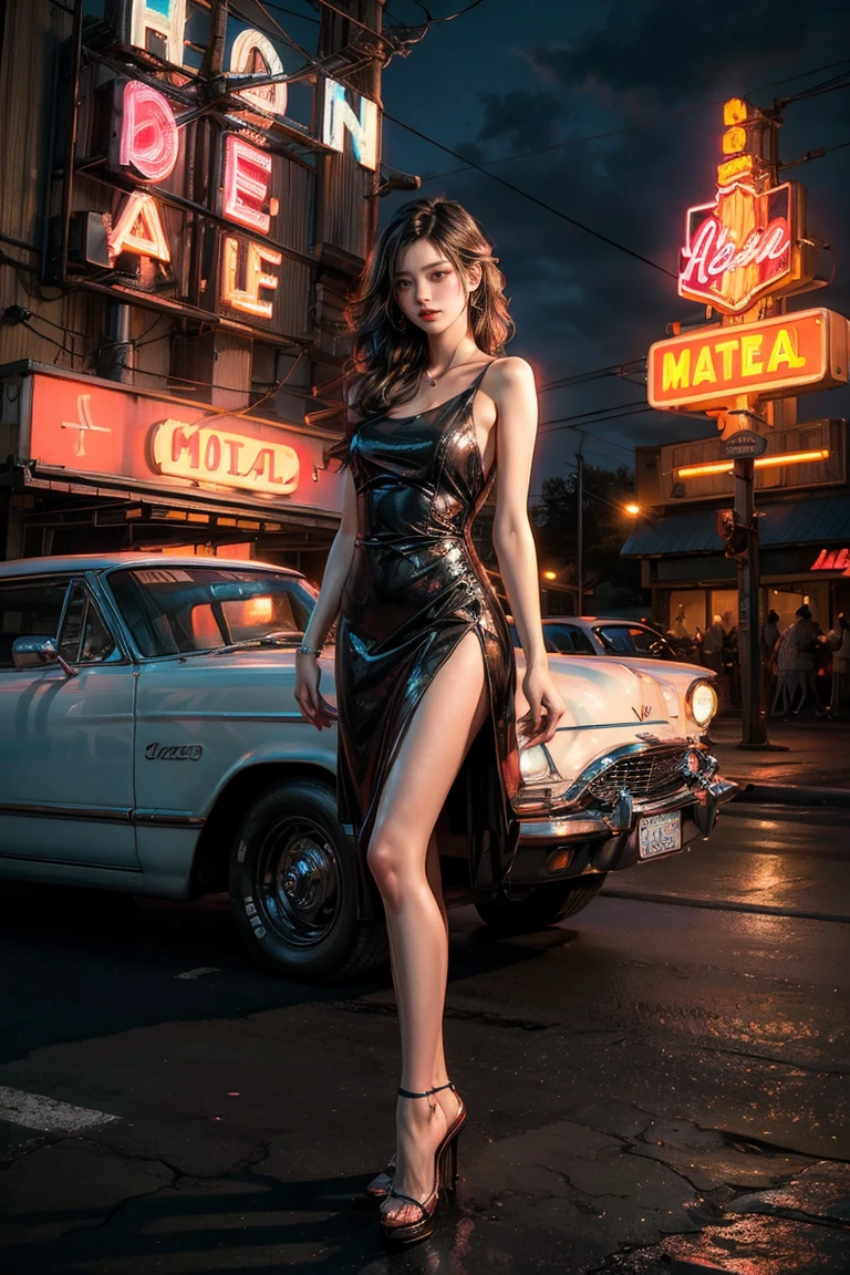 ((masterpiece, best quality, Best image quality, high resolution, realistic, raw photo, 8K)), Araped view of motel with cars parked in front, with neon sign, Woman waiting for guests in front of motel, Temptation, short dress and high heels, route 66, neon sign, 1 9 5 0 Second Americana Tourism, some have neon sign, Neon Lights Outside, neon advertising, gigantic neon sign, neon stores, few neon sign, neon sign in background,
