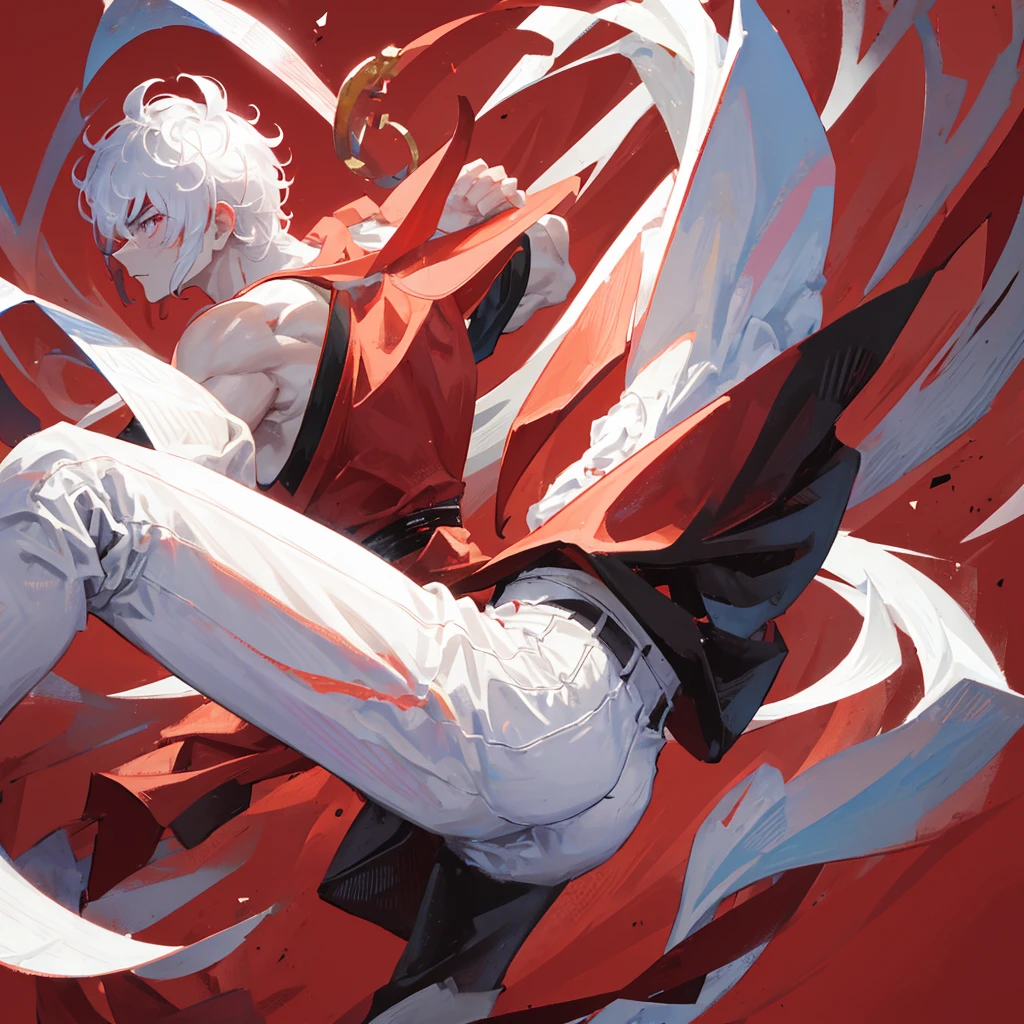 A Chinese Kung Fu Master,male,strong,Hair half black and half white,((Pure red background))