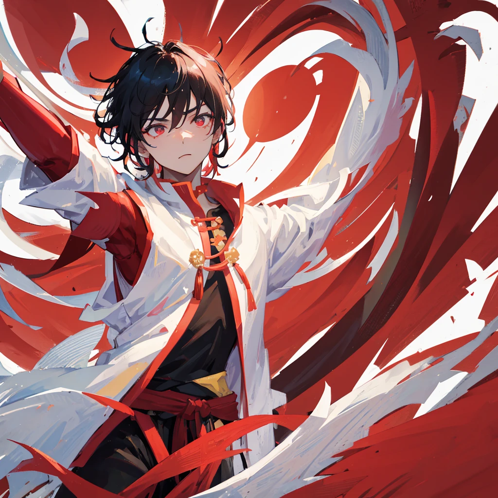 A Chinese Kung Fu Master，male，strong，Hair half black and half white，((Pure red background))