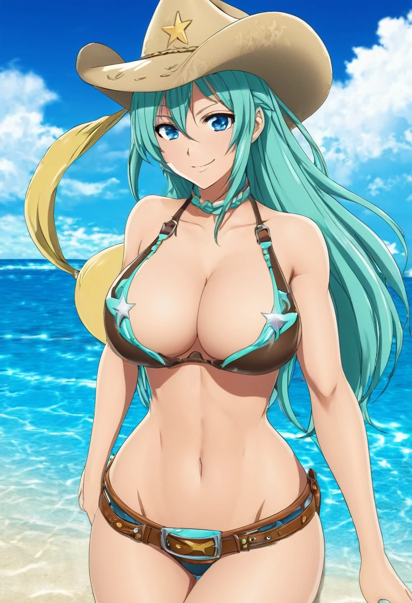 Anime Girl, Venus Bikini, Large Breasts and Cleavage, mullet, aqua eyes, seductive smile, anime style, cowboy shot, highres, textured skin
