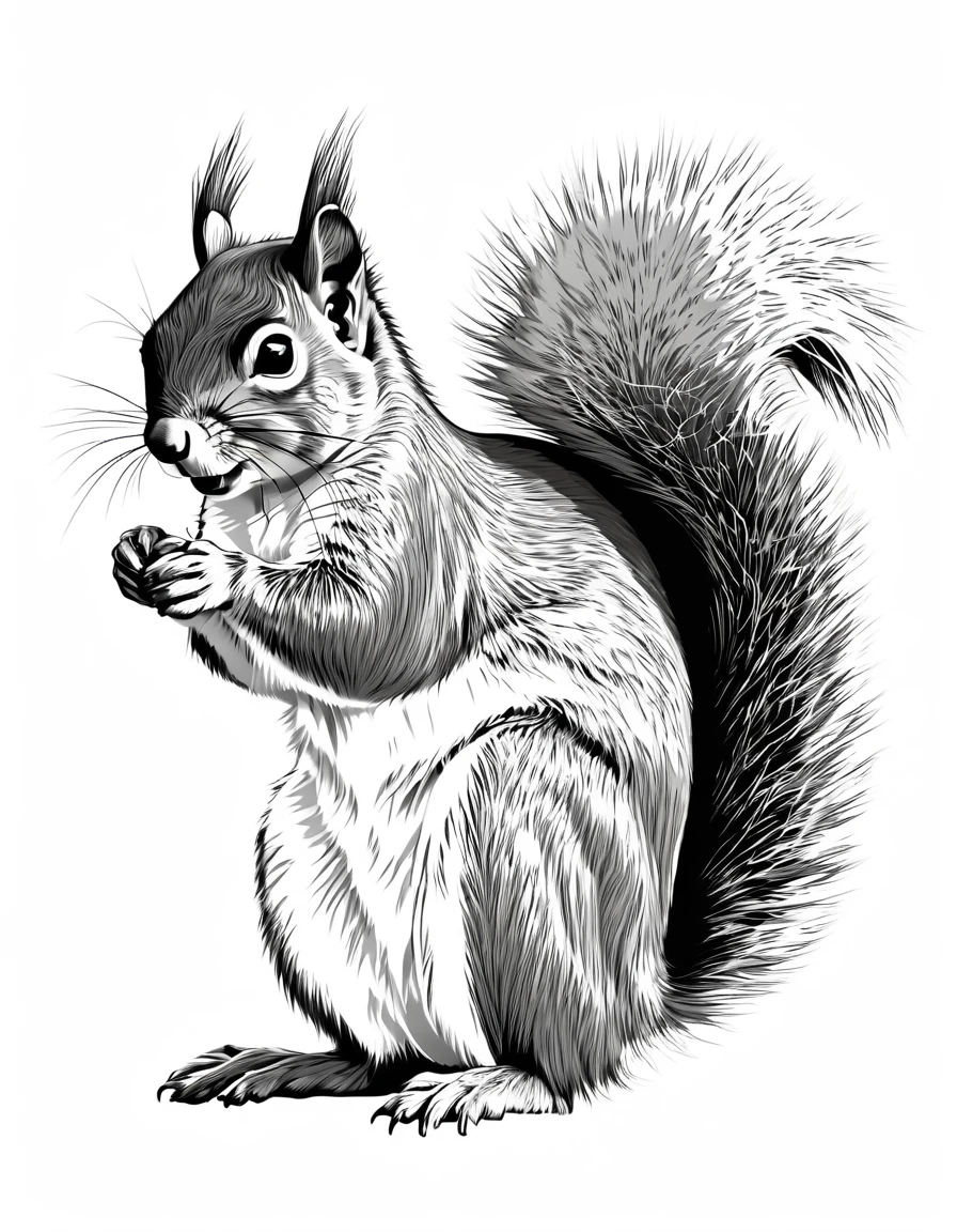 Squirrel, white background, line drawing illustration, no people