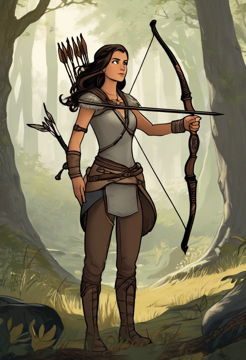 The third character is a young archer named Lyra. She is a skilled hunter and tracker, and she uses her bow and arrow to survive in the wild. She wears light gray and light brown clothing and has a calm and patient demeanor. She is searching for her lost family and will stop at nothing to find them.