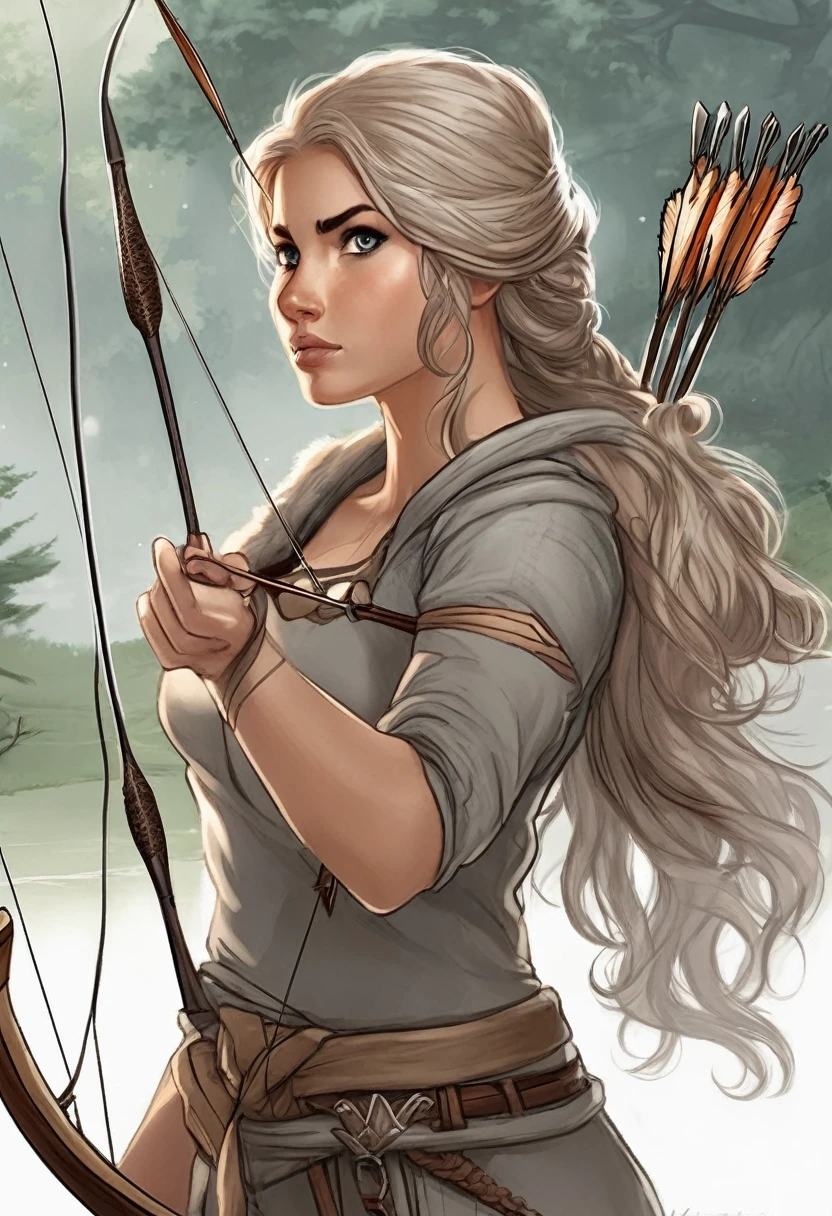 The third character is a young archer named Lyra. She is a skilled hunter and tracker, and she uses her bow and arrow to survive in the wild. She wears light gray and light brown clothing and has a calm and patient demeanor. She is searching for her lost family and will stop at nothing to find them.