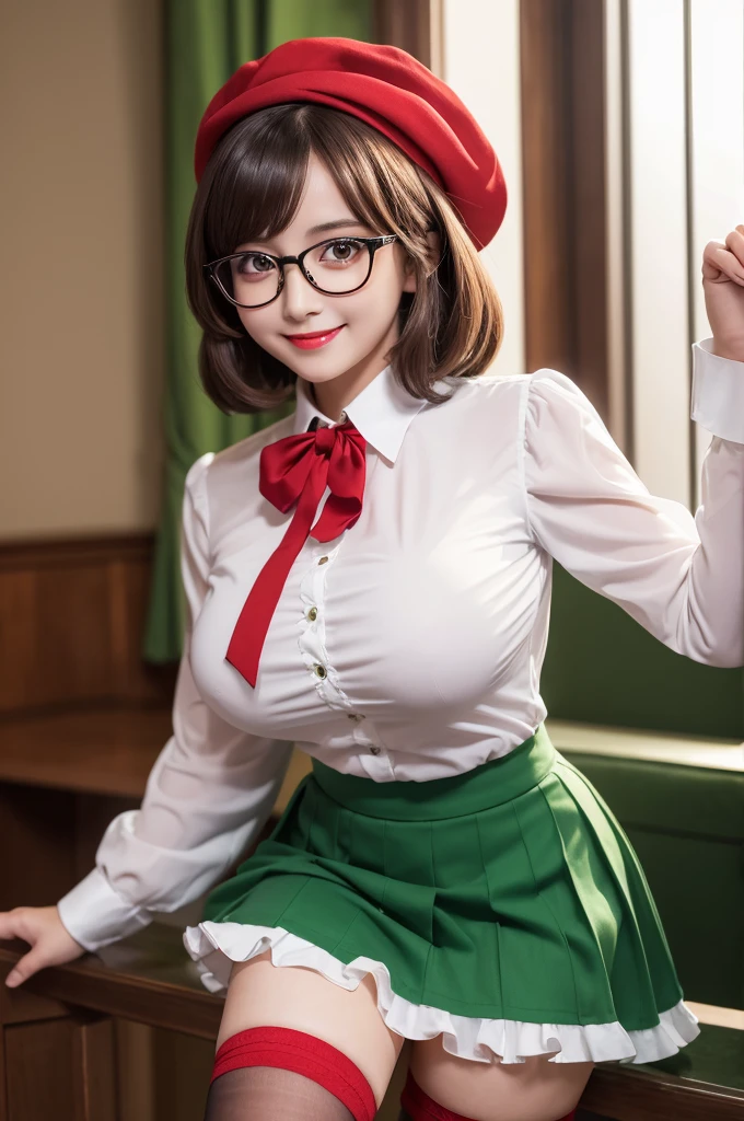 ((masterpiece, Highest quality)), Aston Machan (umamusume),, smile, Large Breasts, Upper Body, , Long sleeve, White shirt, Frills, Green Skirt, button, Black knee socks, Hanging, , With glasses, Red frame glasses, Red hat crown, , Crazy Eyes, Glowing Eyes, ,  