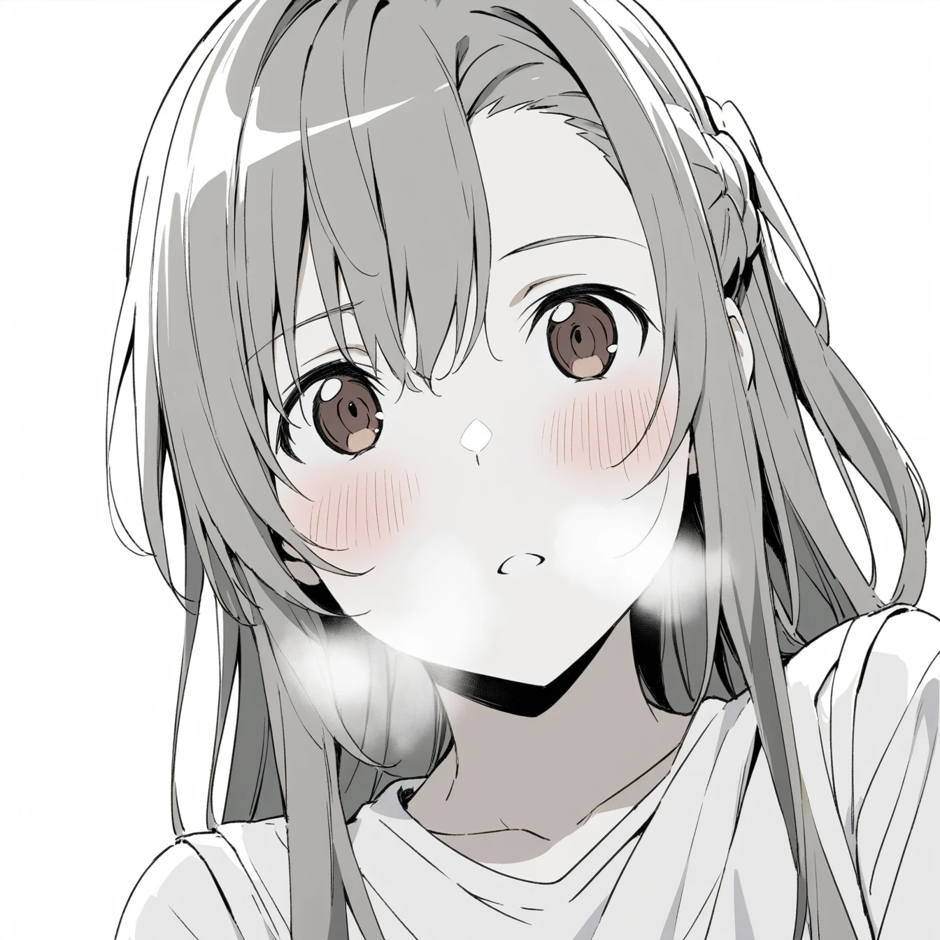 1 Girl, Asuna，Sword Art Online，，Solitary, Viewers, Pure white background，blush, Brown eyes,breathe, avatar，Half Body，Comic style without color，angle, masterpiece, best quality，Black and white