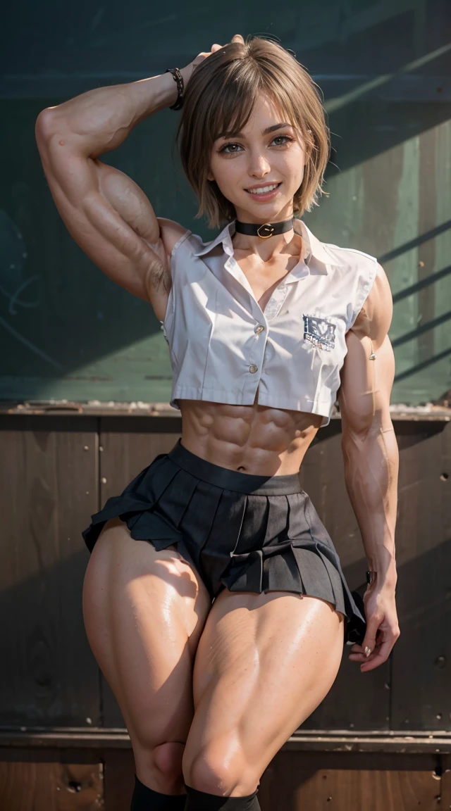 (Muscular:2.5), (thick thighs:2.5)
(woman), adult, short hair, (blunt bangs),
(big smile:1.7), detailed eyes, clean skin, low key (DETAILED SKIN),
(hard nipples:1.1), (small breasts:1.4),
eyeshadow, lipstick, glasses,
(school uniform, pleated skirt, choker, midriff:1.8),
(upper body view:1.2), (three quarter view), (looking at viewer:1.2), from above,
rim lighting, two tone lighting, dimly lit