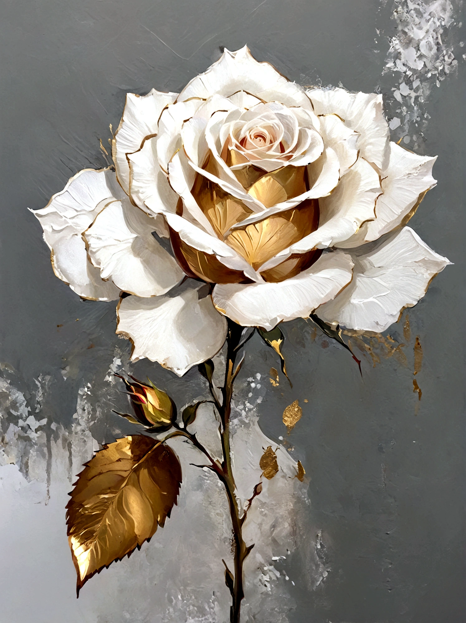 A flower,A rose,Perfect proportion,symmetry,Gold Leaf,vanilla,bright,White background,real,emotion,Thick textured paint,