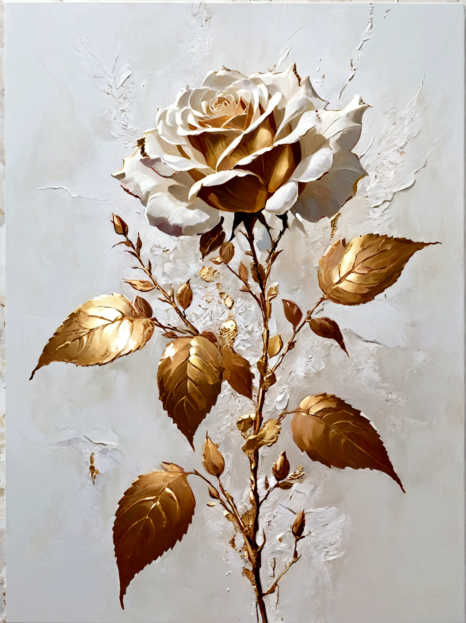 A flower,A rose,Perfect proportion,symmetry,Gold Leaf,vanilla,bright,White background,real,emotion,Thick textured paint,