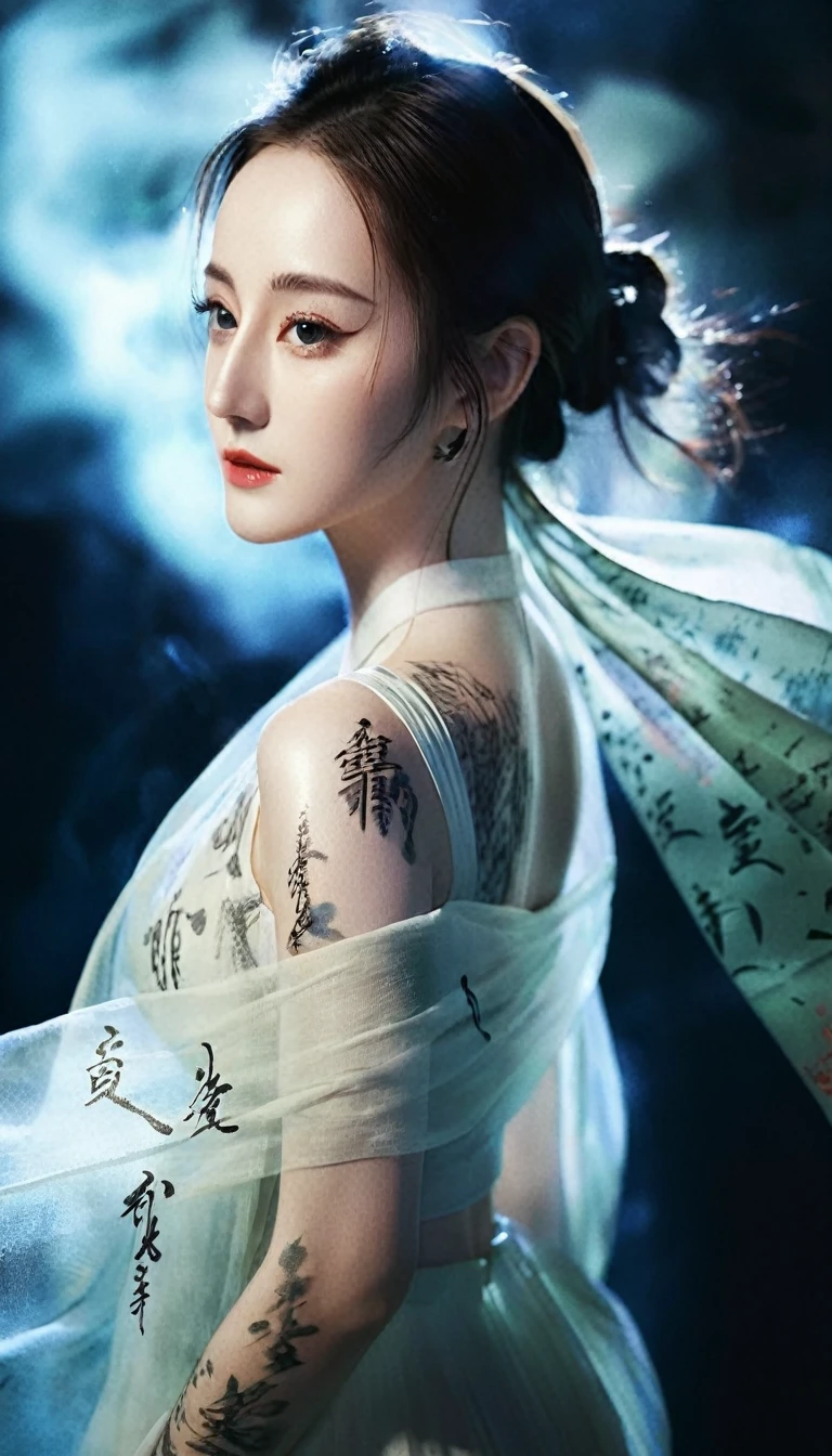 Double Exposure Style,Volumetric Lighting,a girl (Supermodel, Dilraba Dilmurat) with Wrap top,arching her back, beautiful tattoo, Traditional Attire,Artistic Calligraphy and Ink,light depth,dramatic atmospheric lighting,Volumetric Lighting,double image ghost effect,image combination,double exposure style,