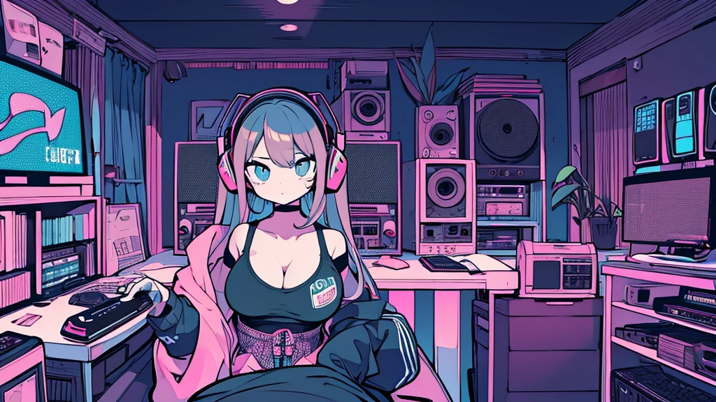 Best quality, (masterpiece), best detail face,1 girl, big breasts, 18 yo, 8k,absurdres,unity 8k wall paper,(extremely detailed:1.3), highest realistic, (retro headphones:), (soft neon light:), (psychedelic), Her room full of music equipment and plants, Light clothing in summer, See the whole room, She is leaving the room, natural color palette
