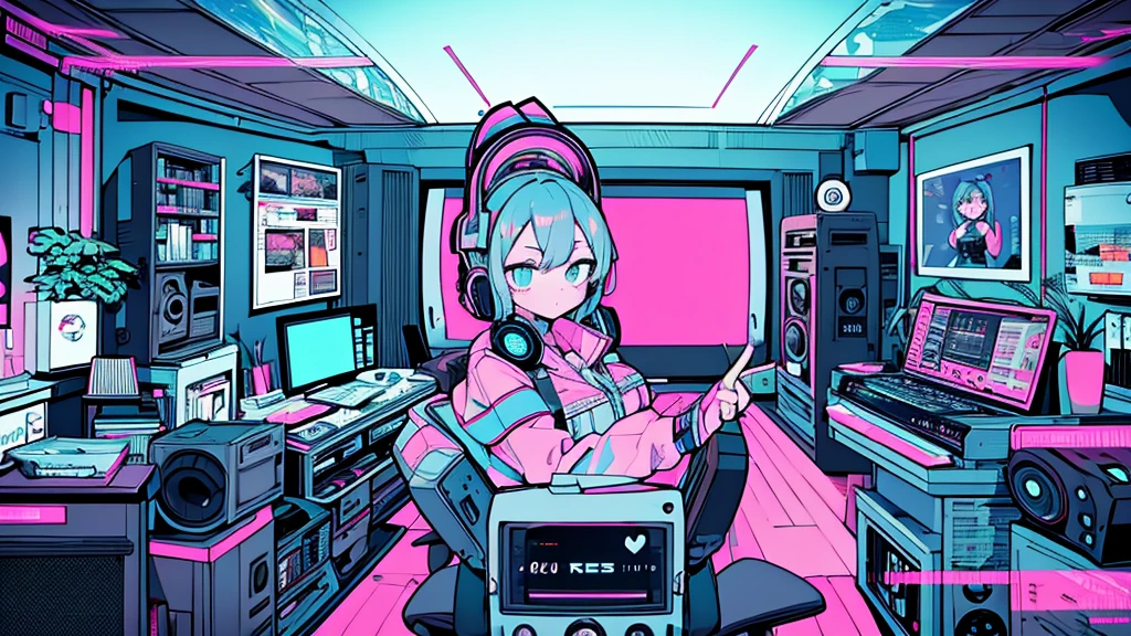 Best quality, (masterpiece), best detail face,1 girl, big breasts, 18 yo, 8k,absurdres,unity 8k wall paper,(extremely detailed:1.3), highest realistic, (retro headphones:), (soft neon light:), (psychedelic), Her room full of music equipment and plants, Light clothing in summer, See the whole room, She is leaving the room, natural color palette