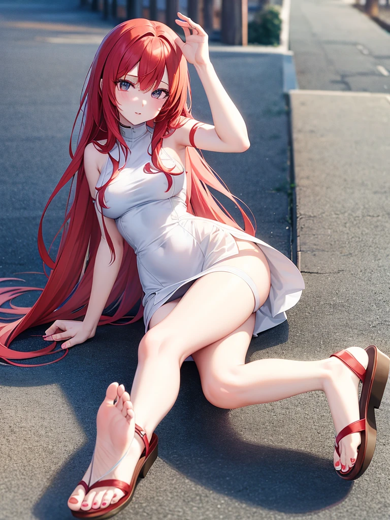 masterpiece, perfect girl body, one girl, erza scarlet, red hair, one eye covered, eye not visible, emo hairstyle, lying on ground, naked, spread legs, blushing, red bkush, open mouth, soft lips, no teeth, clear mouth, red bra, bra lingerie, boob cover, large breasts, wet vagina, one hand masturbating, finger inside vagina, inside the pussy, vagina penetration, finger inside vaginal opening, nude pussy, naked vagina, night sky, night city, looking at camera, strong shadows, one hand on ground