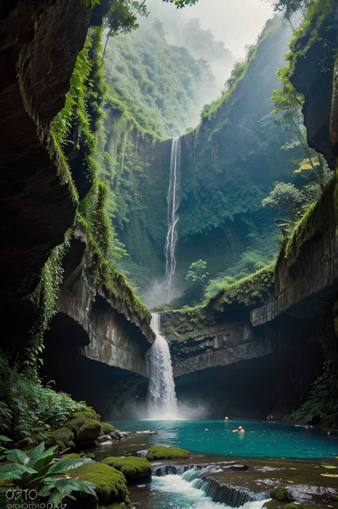 A photograph that invites you to explore the depths of a lush canyon, where a waterfall plummets into a pristine pool below, with mist and foliage adding an air of mystery and beauty to the scene, as captured by Oliver Vegas.