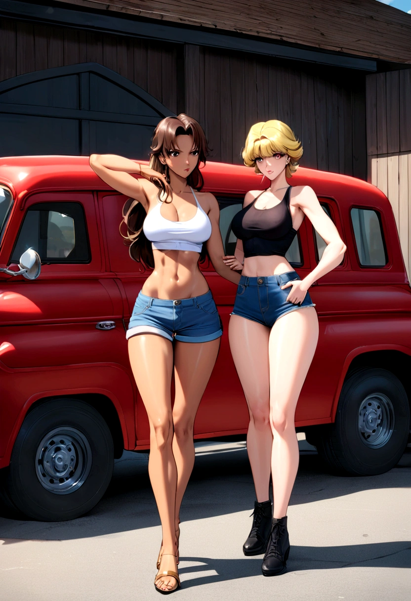 2girls, female mechanic, white tank top, denim mini skirt, casual pose, standing, full body shot tight outfit, boots, midriff, seductive, mechanical workshop in background, classic car, oil smears, dirty, cleavage