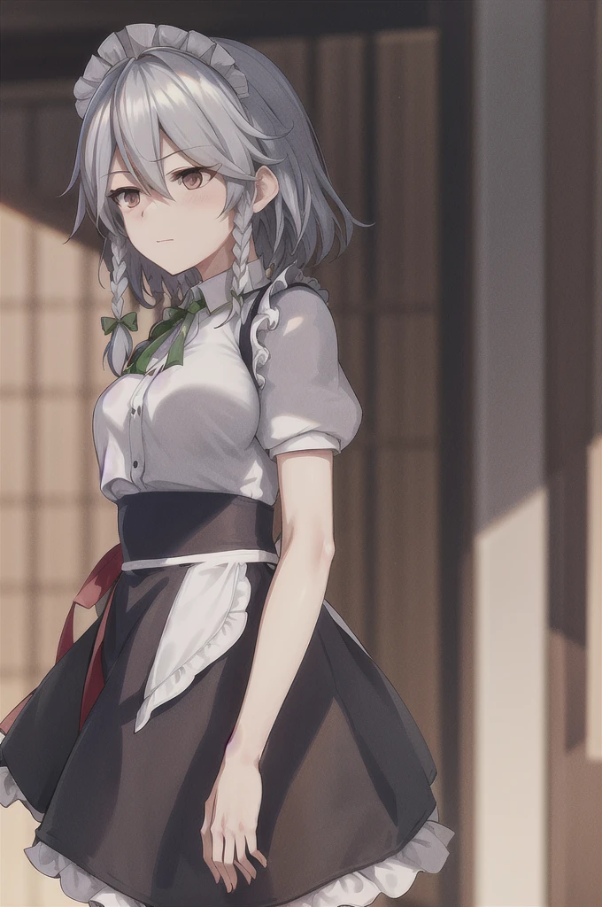 Sakuya Izayoi looking stressed as part of her head is turning into Reimu Hakurei's. Reimu's head would be with brown hair, brown eyes