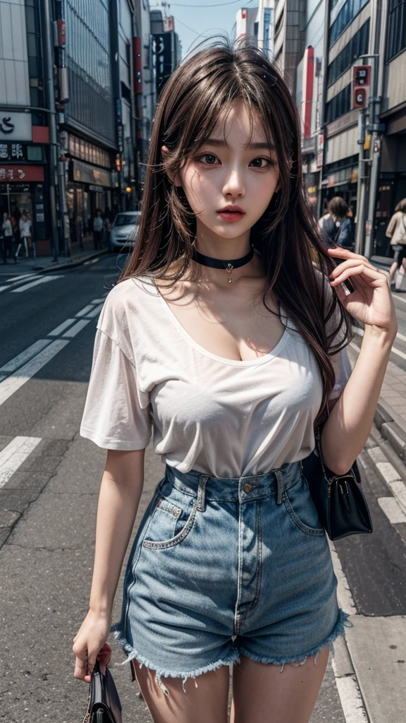 Best Quality Detail:1.2, realisitic, 8K UHD, hight resolution, 1girl in:1.2, The ultra-detailliert, High quality textures, intricate detailes, detaileds, Very detailed CG, High quality shadows, Detail Beautiful delicate face, Detail Beautiful delicate eyes, depth of fields, Ray traching, in her 20s, Pretty Kpop Girl, Korean Urzan Face:1.1, Slender face, ulzzang -6500-v1.1:0.6, pureerosface_v1, gloweyes, teak, Glossy lips, perfectbody, a choker、cleavage of the breast、 Brown hair、poneyTail:1.1, Street, Particle, look at viewr, Photorealsitic:1.4, ultra-detailliert, photos realistic, 4K 8K UHD Full Color RAW Photos, Fuji Film(Medium format:1.2), Hasselblad:1.2, Carl zeiss:1.1, Incredible dynamic range photography(UTIL_Art by Smoose-768:1.1), hight resolution, High pixel count, clear details, crisp image, Natural color reproduction, Noise Reduction, High fidelity, qulity, Software Improvements, Upscaling, Optimized algorithms, Pro-level retouching、((Shibuya, tokyo prefecture))、On the way to shopping、((Fashionable clothes with a very high design))、graphic t-shirt: Art and Logos、Graphic T-shirts printed with anime characters are trending.、Used for unique styling