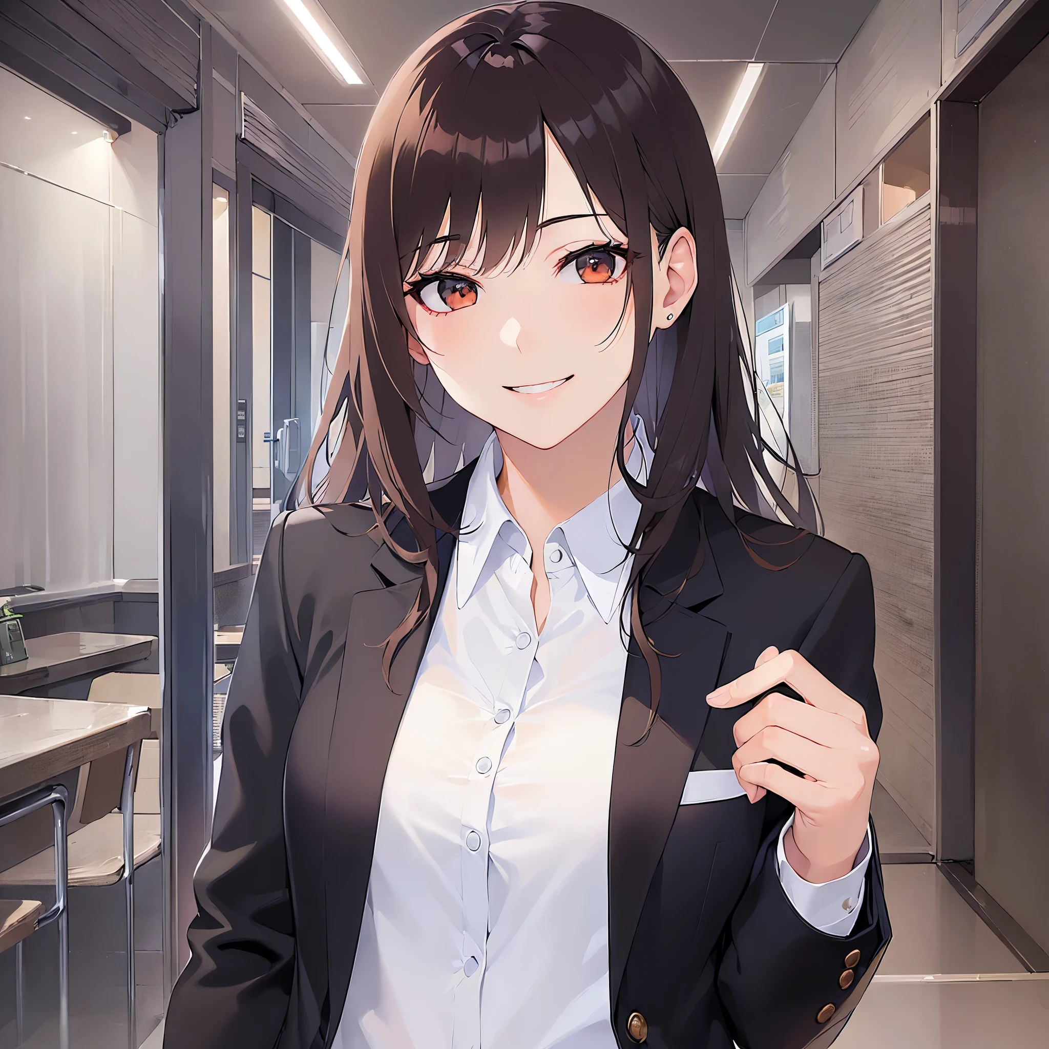 looking at viewer, side ungle,
Realistic, real person, (pale skin: 1.2), RAW photo, photorealistic, shiny skin, shiny hair、 (A 35-year-old woman with medium-length hair and bangs) and (wavy hair) and (brown hair) and (Orange Eyes) (Wearing a business suit:1.5) and (Wearing a white collared shirt)
blush ,(smile:1.5)、The background is the interior of a dining bar at night.、Alone、Wearing a black jacket