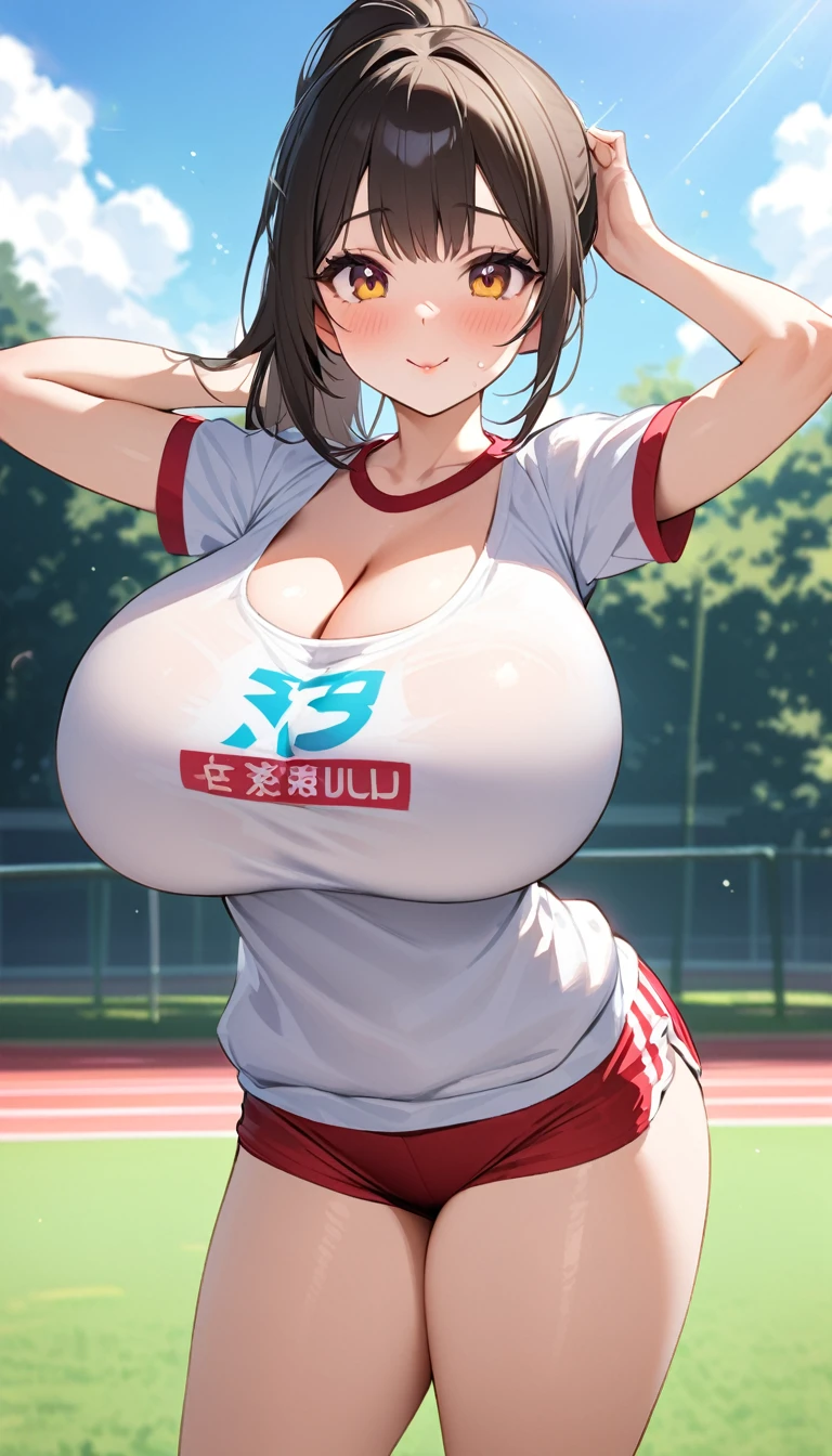 {{{{{16k,Ultra High-resolution realistic photograph of neat virgin first-year junior high school girl's in School-designated gym uniform with junior high ribbon as pretty as a actress in Grass schoolyard, She's in the first year of middle school, but she's too well developed, her cleavage tits are too beautiful, Her tits are so big that the logo on the chest of her gym uniform is stretched out, She's a virgin but she's popular popular popular and she just has an aura of being popular}}}}},{{Extremely detailed}},{{{{{dye her cheeks flush and integrated her head pure small, thick lips, Enchanting thick gross idol's Lips, She's a volleyball player so she has big boobs}}}}},{{{{{dark colored bang ponytail hair}}}}},{{{{{She get more attractive and smoother her body, her expression and appearance are transformed into that of a pure, Her white tits are so fluffy, and are depicted in great detail, but her sex appeal from her cleavage fills the schoolyard, her bodyline and tits and hips are getting cuter and cuter, She has been reborn as a pretty one-in-a-thousand-year girl with a sparkling aura of cuteness}}}}}