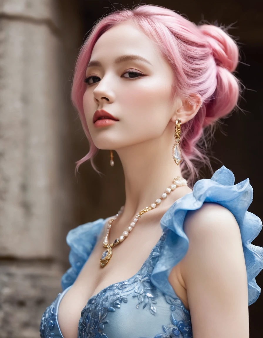 beautifull woamn with pink hair ((masterpiece, Highest quality, Best image quality, High resolution, Realistic, RAW Photos, 8K)), Woman in sapphire blue and gold marine, dress, (Long pink hair, hair tied back, Jeweled wig, Long gloves, Glass Slipper, Bare shoulders, Bare back), Looking back from halfway up the wide staircase leading to the castle, Look down,far away shot,widea angle taken