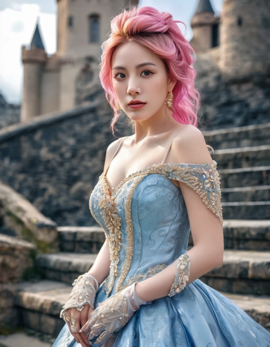 beautifull woamn with pink hair ((masterpiece, Highest quality, Best image quality, High resolution, Realistic, RAW Photos, 8K)), Woman in sapphire blue and gold marine, dress, (Long pink hair, hair tied back, Jeweled wig, Long gloves, Glass Slipper, Bare shoulders, Bare back), Looking back from halfway up the wide staircase leading to the castle, Look down,far away shot,widea angle taken
