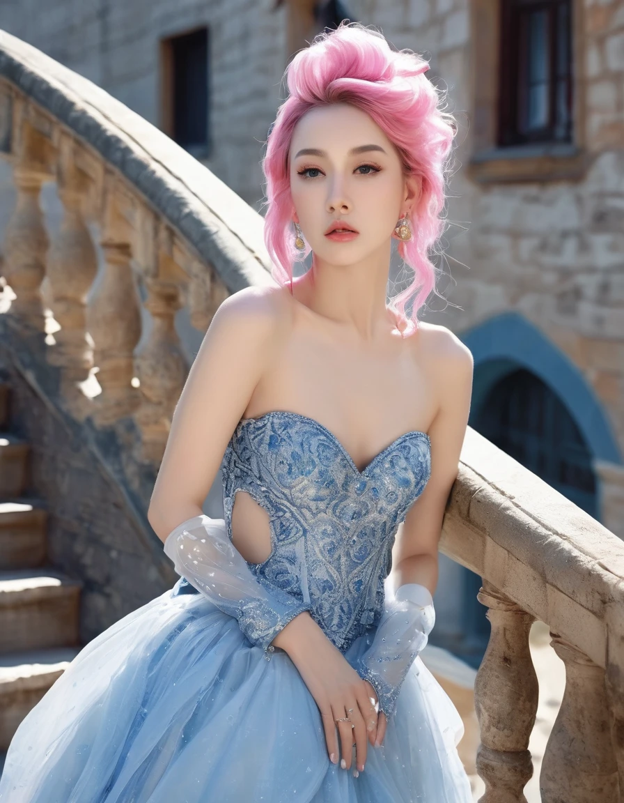 beautifull woamn with pink hair ((masterpiece, Highest quality, Best image quality, High resolution, Realistic, RAW Photos, 8K)), Woman in sapphire blue and gold marine, dress, (Long pink hair, hair tied back, Jeweled wig, Long gloves, Glass Slipper, Bare shoulders, Bare back), Looking back from halfway up the wide staircase leading to the castle, Look down,far away shot,widea angle taken