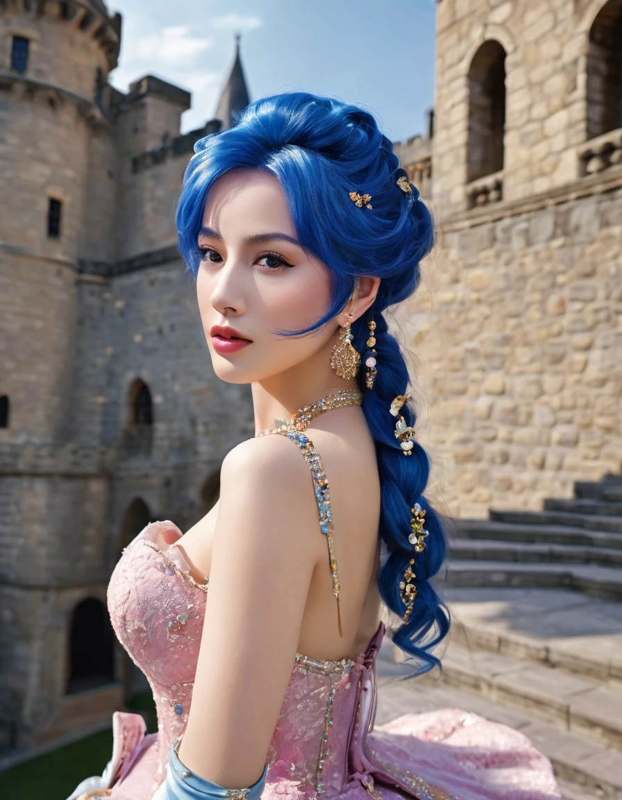 beautifull woamn with pink hair ((masterpiece, Highest quality, Best image quality, High resolution, Realistic, RAW Photos, 8K)), Woman in sapphire blue and gold marine, dress, (Long pink hair, hair tied back, Jeweled wig, Long gloves, Glass Slipper, Bare shoulders, Bare back), Looking back from halfway up the wide staircase leading to the castle, Look down,far away shot,widea angle taken