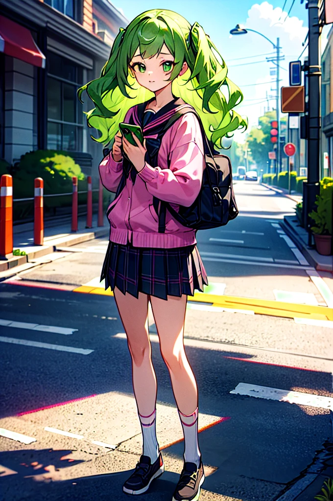 Volume hair, soft hair, emerald green hair and pink inner color, wavy hair, gradation hair, green hair, side braids, wavy hair, two side up, cloud hair, emerald green eyes, high school girl, Cheerful and active, blonde clip, loose socks, plaid skirt, holding smartphone, on the street, (best) quality, 4K, 8K, high resolution, masterpiece: 1.2), ultra-definition, bright colors, soft lighting