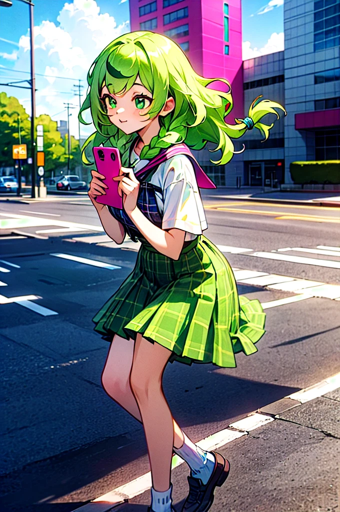 Volume hair, soft hair, emerald green hair and pink inner color, wavy hair, gradation hair, green hair, side braids, wavy hair, two side up, cloud hair, emerald green eyes, high school girl, Cheerful and active, blonde clip, loose socks, plaid skirt, holding smartphone, on the street, (best) quality, 4K, 8K, high resolution, masterpiece: 1.2), ultra-definition, bright colors, soft lighting