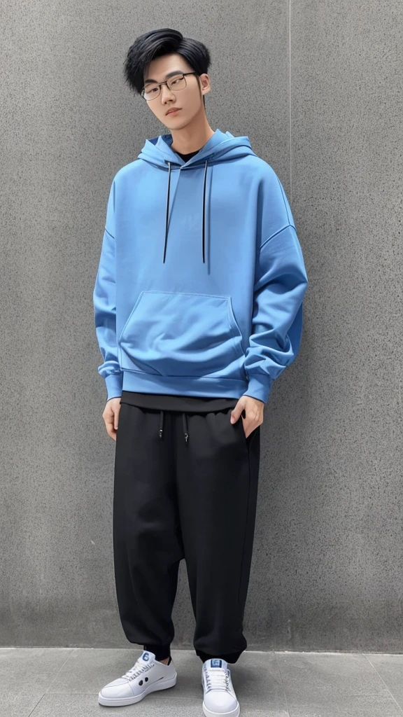 21 year old Shanghai boy, he is ((oversized xxl blue plain hoodie)), wearing black Trousers, wearing sneakers, wearing glasses, fully body, (he is 한국 머리카락입니다) Korean style, walking, buzz Hairstyle