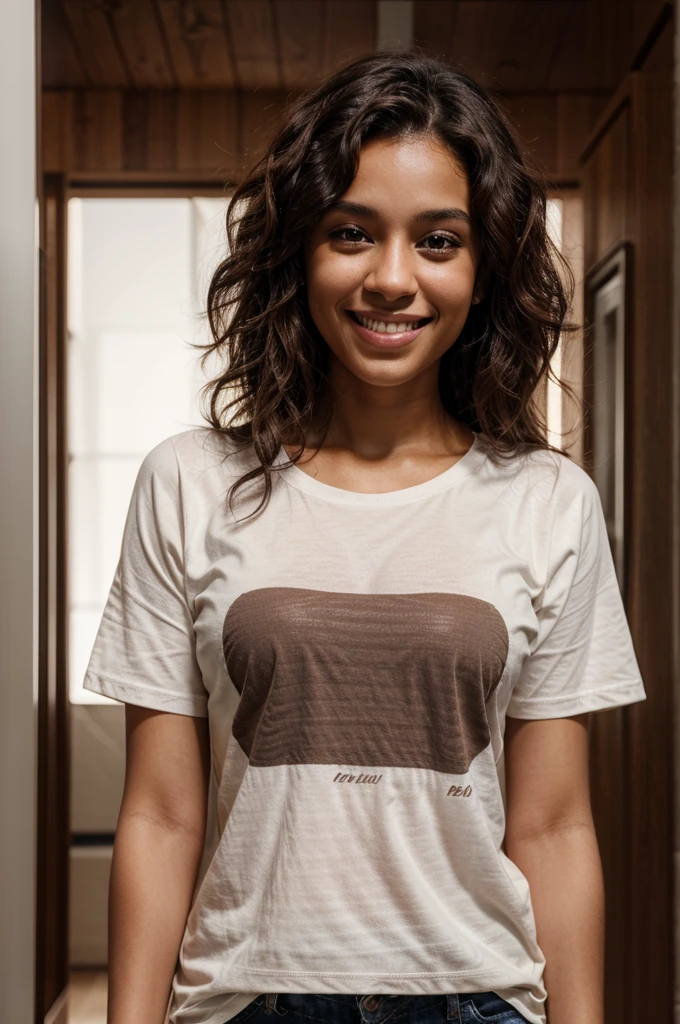 22-year-old woman, dark brown curly hair, brown skin color, dark brown eyes, smiling, white t-shirt, 8k, photorealistic