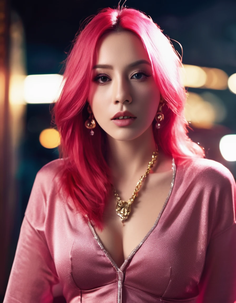 beautiful woman with long pink hair, styled hair, jewelry, beads,wearing red tight skirt and red, unbuttoned shirt, cleavage top,going for night club,dynamic poses,far away shot, 16K, photorealistic, UHD, RAW, film grain