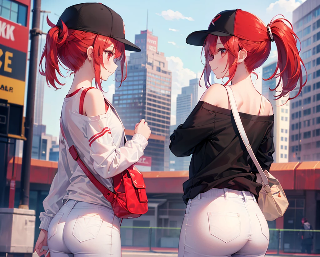 (Close-up:1.3),Realistic,Highest quality, Ultra Detail, High-quality CG rendering, The most delicate and beautiful, Floating softly, High resolution, (1 girl), (Highest quality,4K,8K,masterpiece:1.2),(All red hair:1.5), (ponytail:1.5),(Red eyes:1.5 (White oversized long sleeve T-shirt:1.3),(Black skinny pants:1.3),(Black baseball cap:1.3),In the city,old buildings,(Turn your back to your audience:1.3),Butt,Are standing,(Small shoulder bag:1.3),smile