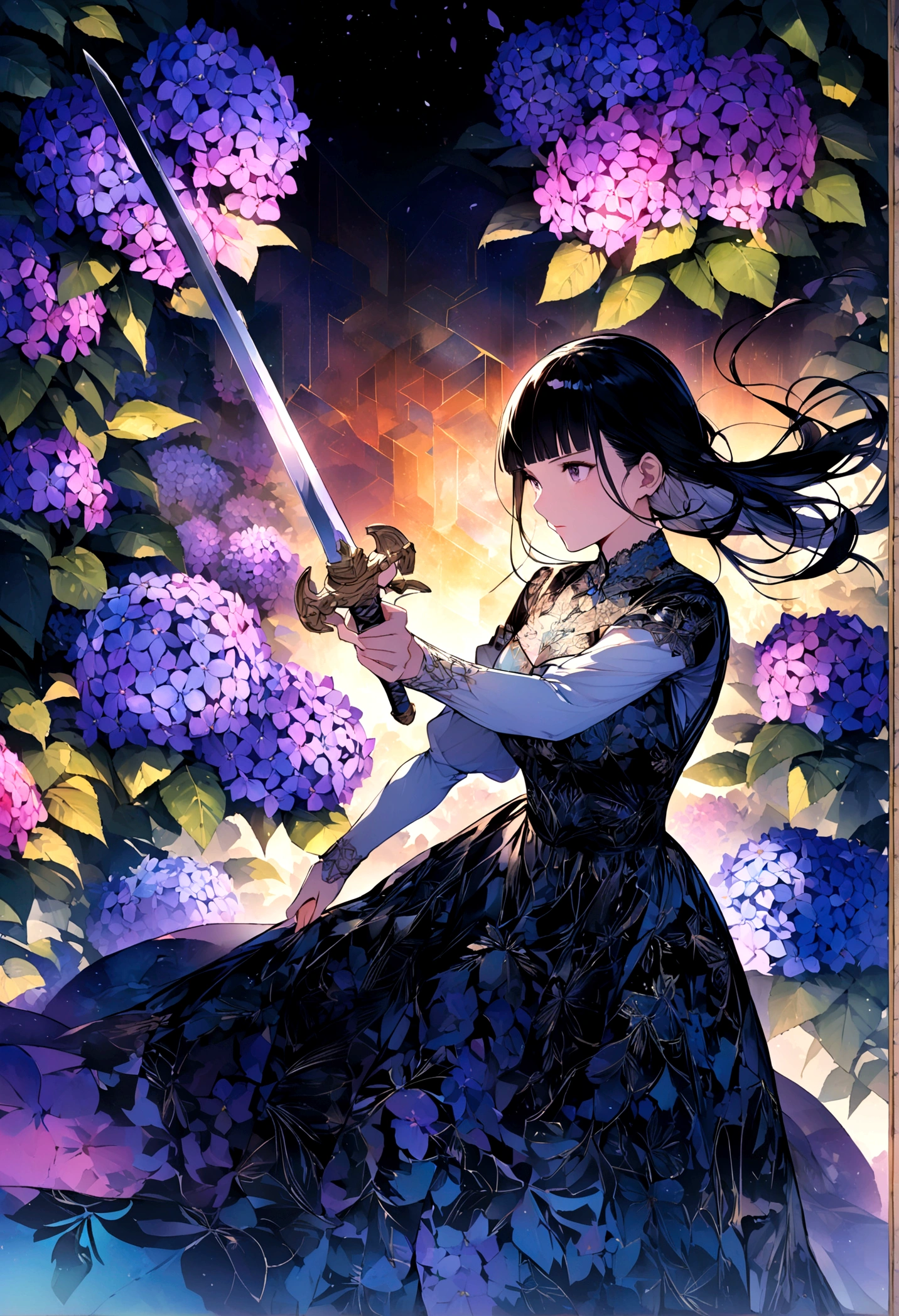 vibrant and colorful illustration,high quality, 8K Ultra HD,Illustrations drawn with colorful, flashy, precise and delicate touches.Fantastic atmosphere. A Beautifu femalel Swordsman with black hair and bangs in a black-and-white lace dress is fighting .she is fighting with swords.The costumes are traditional blue-purple hydrangea flower patterns, and the decorations are delicate and meticulous.High definition.backdrop filled with colorful patterns representing ancient symbols and floral motifs. The background is richly detailed with geometric shapes that add depth to their figure's presence.lovely double exposure image by blending together a galaxy and a blue-purple hydrangea flower.