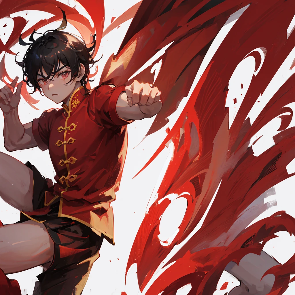 A handsome guy，male，Chinese style，Shenlong，Black short hair，Red clothes，((Pure red background))