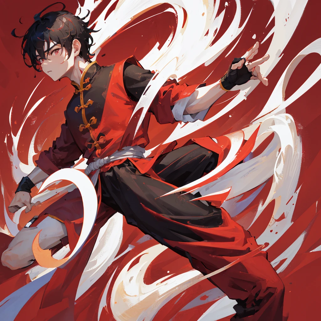 A Chinese Kung Fu Master，male，strong，Hair half black and half white，((Pure red background))