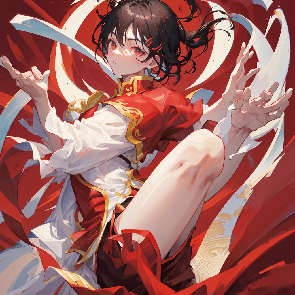 A Chinese Kung Fu Master,male,strong,Hair half black and half white,((Pure red background))
