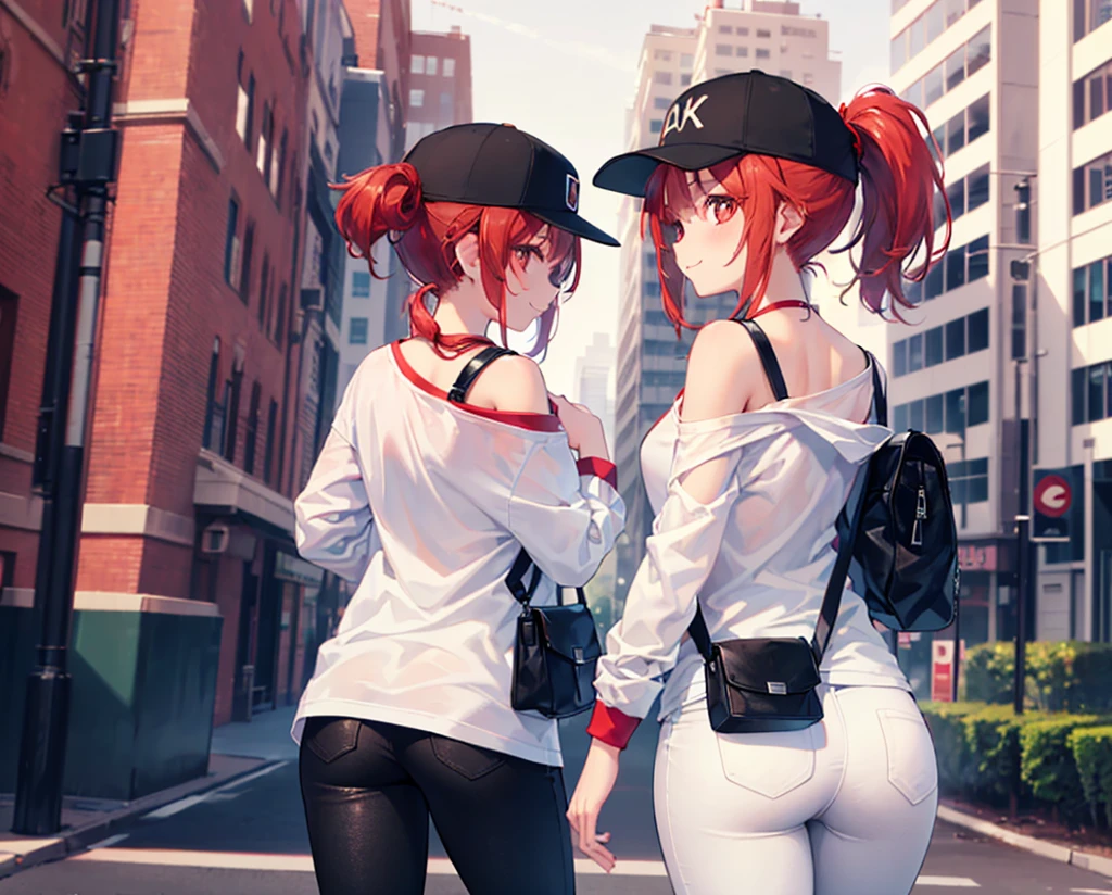 (Close-up:1.3),Realistic,Highest quality, Ultra Detail, High-quality CG rendering, The most delicate and beautiful, Floating softly, High resolution, (1 girl), (Highest quality,4K,8K,masterpiece:1.2),(All red hair:1.5), (ponytail:1.5),(Red eyes:1.5 (White oversized long sleeve T-shirt:1.3),(Black skinny pants:1.3),(Black baseball cap:1.3),In the city,old buildings,(Turn your back to your audience:1.3),Butt,Are standing,(Small shoulder bag:1.3),smile