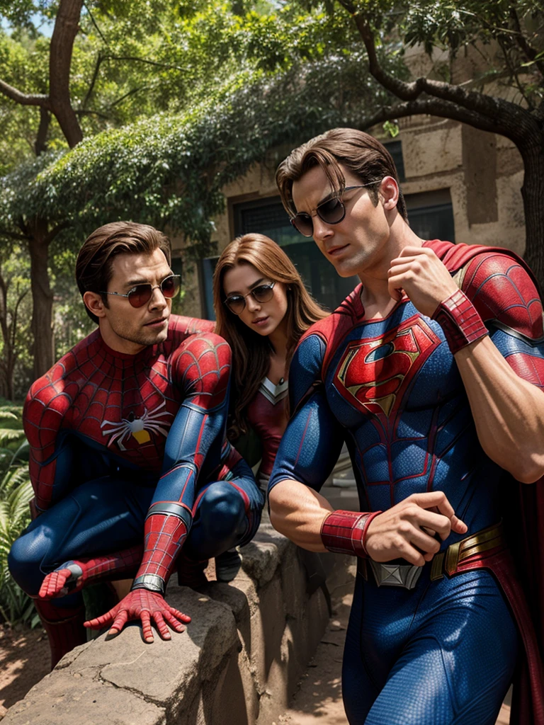 Spider-Man Superman and captain America, Thor iron in nature full africa , spring season , mobile phone, head set , radio , sunglass